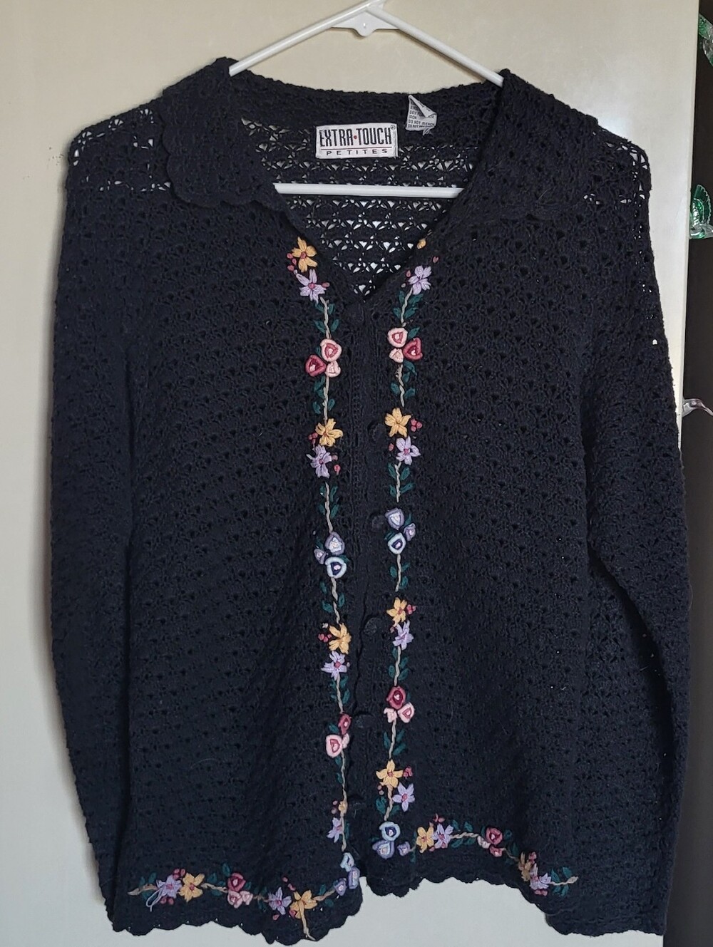 Vintage open knit Black cardigan with floral embroidery